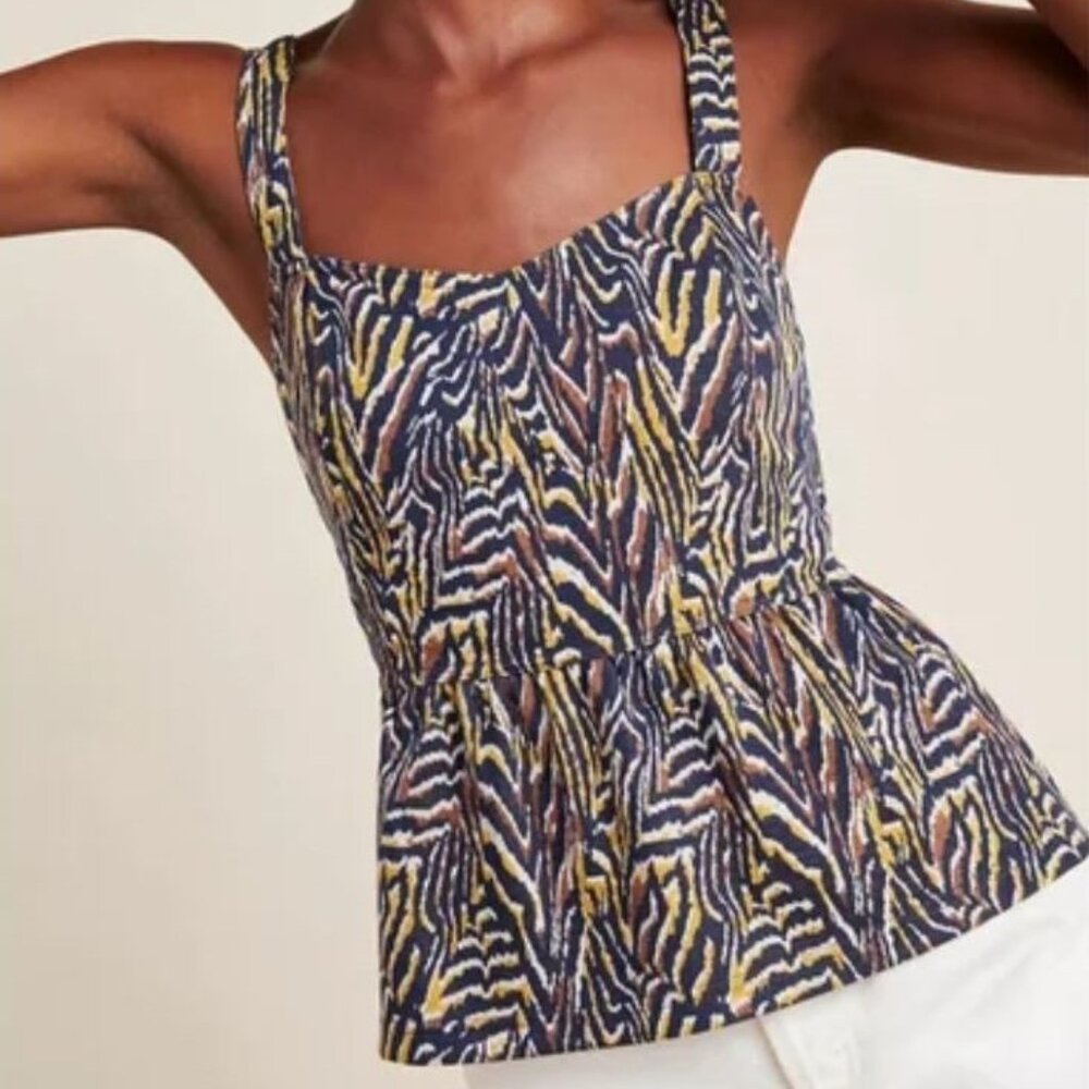 Anthropologie | Jaime Zebra Peplum Tank in Navy Brown & Mustard Yellow | Medium